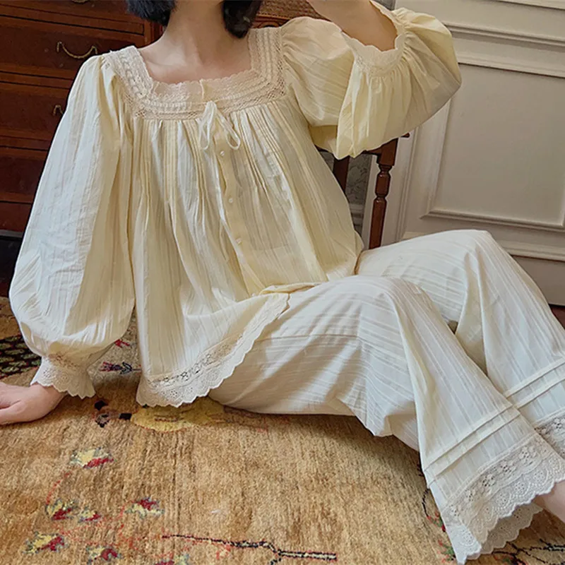 Женская весенняя одежда для сна из 100% хлопка милые кружевные пижамы с квадратным