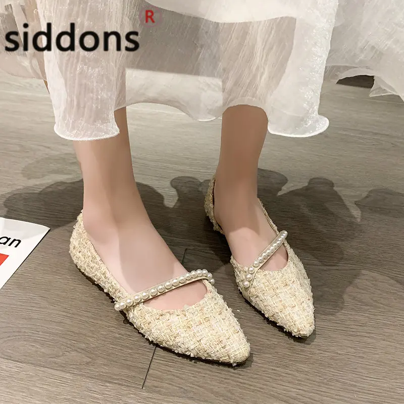 2023 pearl decoration women's flat shoes summer hot selling women's pointy flat shoes