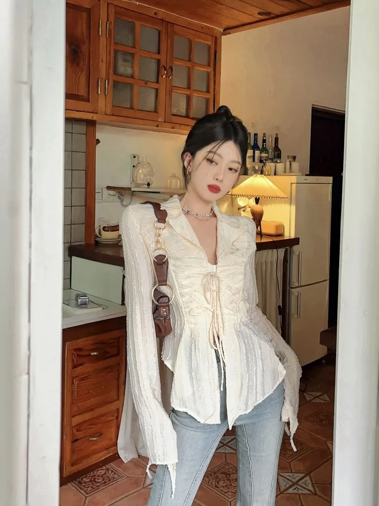 

Summer New Slim Fit Irregular Shirts Women Y2k E-Girl Long Sleeve Chiffon Blouses Mujer Apricot Sun Protection Tops Women