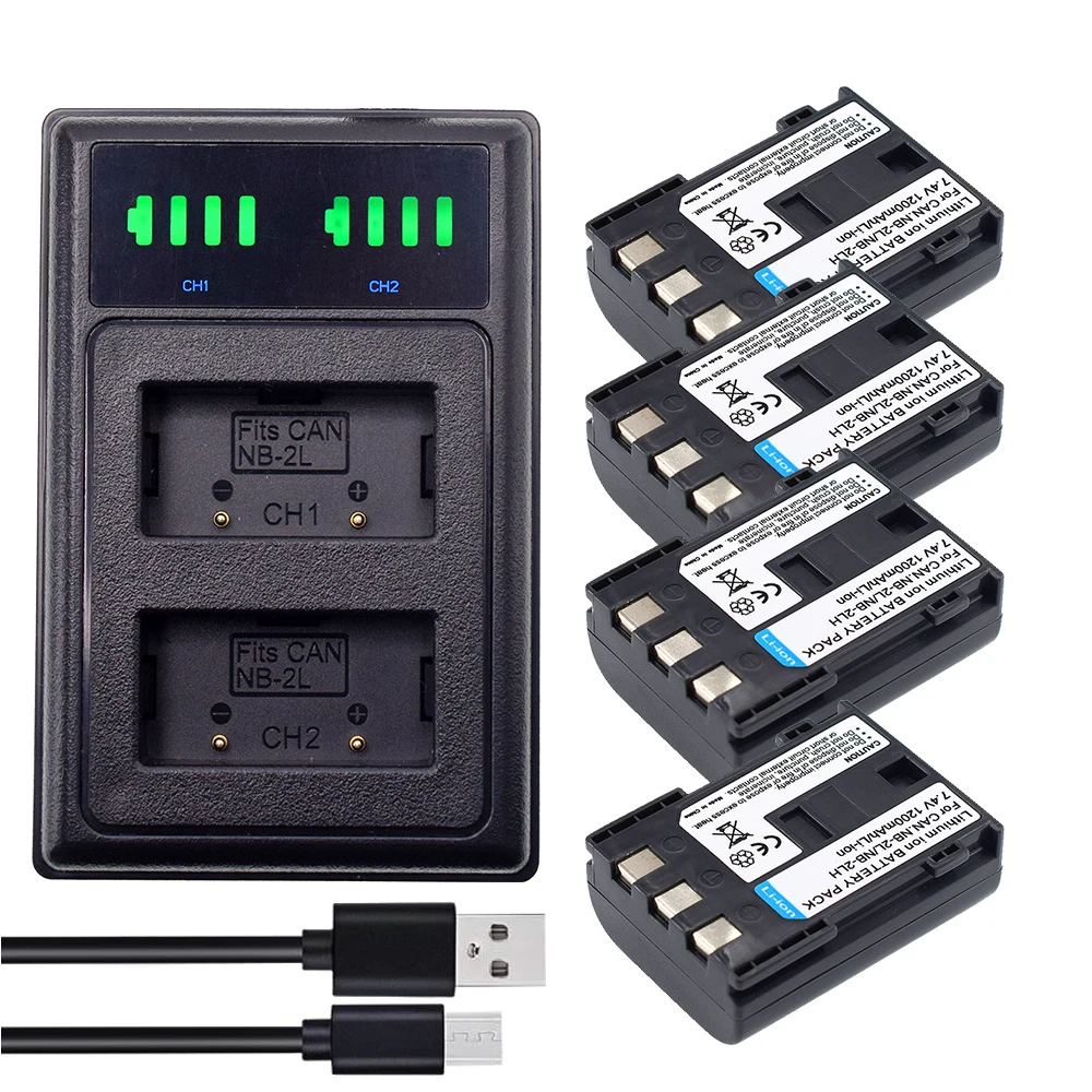 Фото 4 шт. NB-2L NB2L NB-2LH NB 2LH NB2LH аккумулятор + двойное зарядное устройство для Canon EOS 350D 400D Digital Rebel XT XTi Kiss N №1