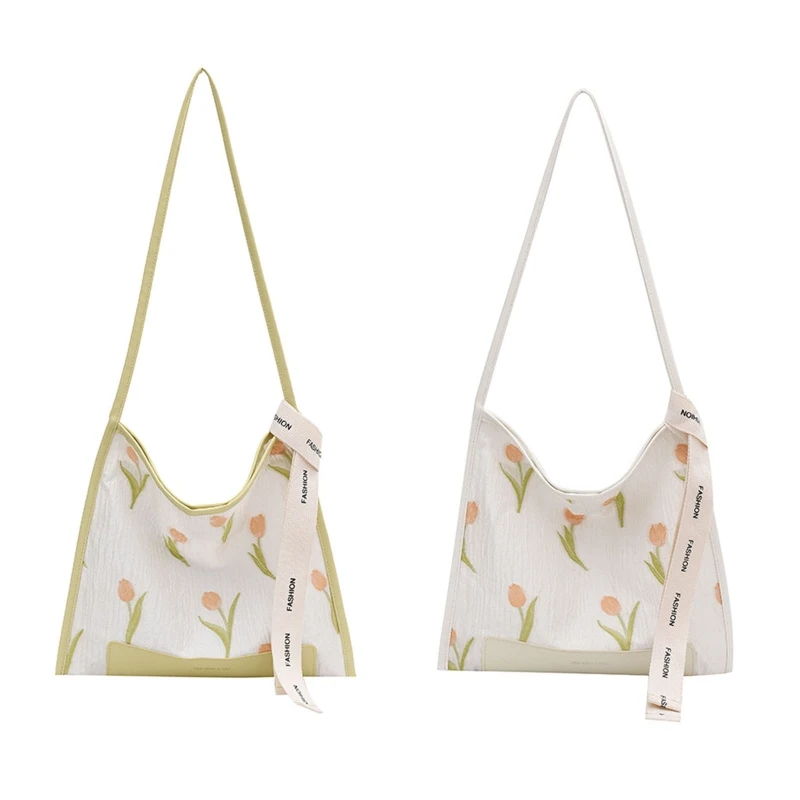 

Beautiful Large Capacity Tote Bag Summer Embroidered Flower for Commuter Bag Tulip Shoulder Bag Handbag for Family Birth
