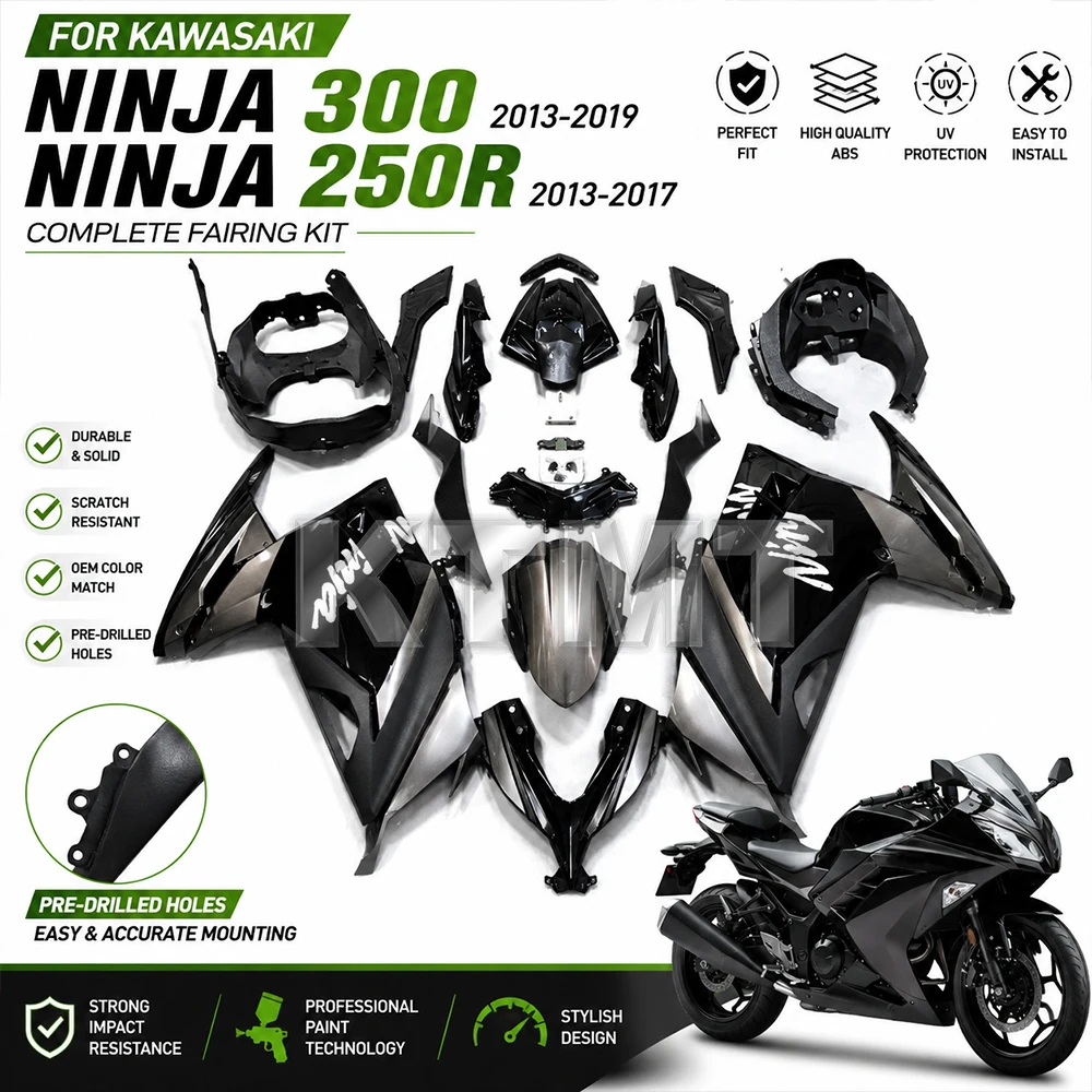 Фото Зелено-черный комплект обтекателей для мотоциклов Kawasaki Ninja 250, Ninja 300, EX250, EX300 (2013-2017 гг.) №1
