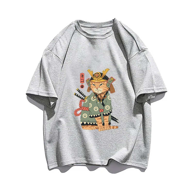 

Summer Tide Brand Japanese Samurai Cat Printing Short Sleeve T-shirt Men's Clothe Cotton Loose Casual Crewneck Harajuku Top Tees
