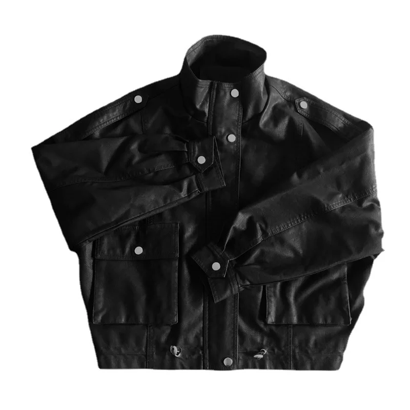 2023 autumn new version of stand-up collar large pocket leather jacket women's motorcycle short style washed leather jacket