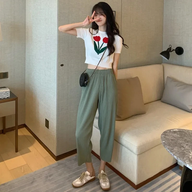 

Женские укороченные брюки-Капри с широкими штанинами, Модные свободные брюки в Корейском стиле до щиколотки с высокой талией, летние брюки-...