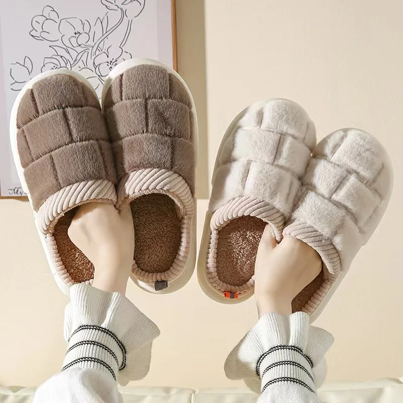 2023 Winter New Home Women's Slippers Fashion Square Checker Warm Cotton Slippers Plush Cotton Shoes Couple Floor Slippers