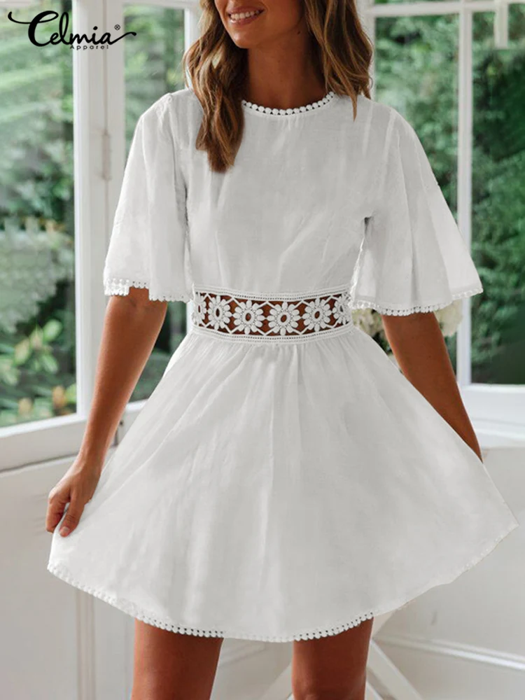 

Celmia Fashion Women Mini Dresses Solid Short Sleeve 2022 Summer Sexy O-neck Sundress Elegant Lace Stitching Hollow Out Vestidos