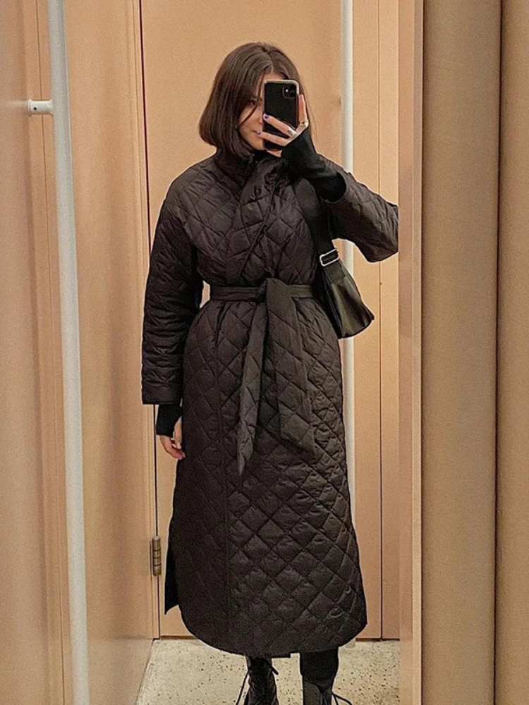Winter Fashion Oversize Argyle Black Long Parka Coat with Belt 2022 Women's Elegant Warm Thick Casual Down Cotton Outwear Jacket