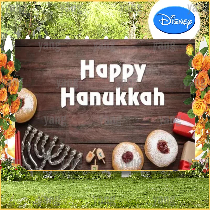 Custom Warm Background Lights Wooden Photography Backdrop Banner Wall Happy Hanukkah Jewish Party Candle Cartoon Decoration