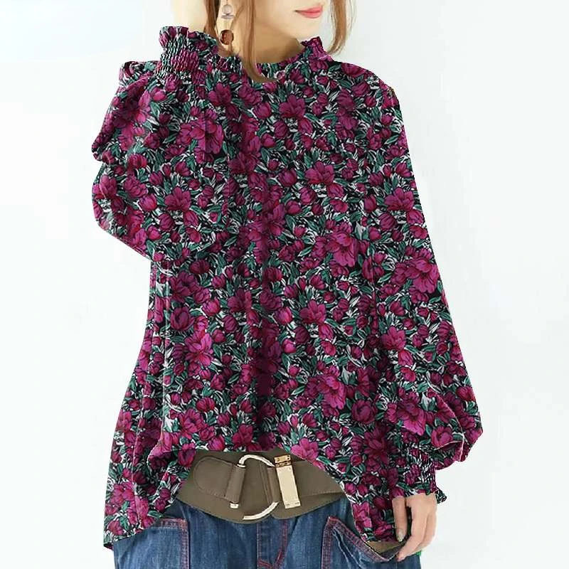 

fashionable Bohemian Floral Tops Women's Spring Blouse Fashion Casual Puff Sleeve Blusas Female Long Sleeve Holiday Tunic Chemis