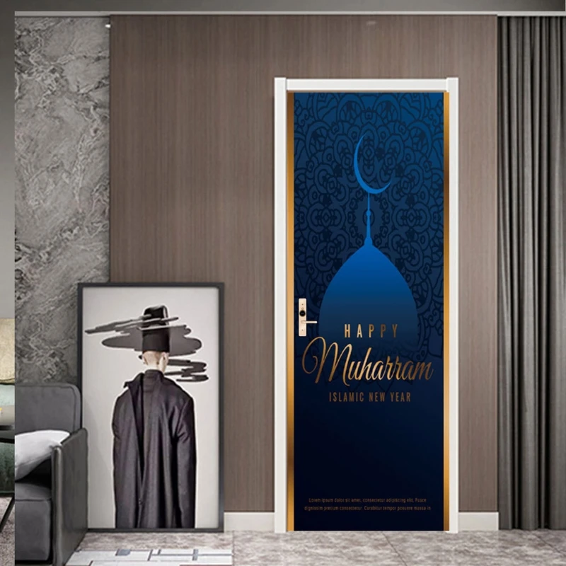 

67JE Eid Mubarak Decoration PVC Wallpaper 3D Door Sticker Happy Ramadan Waterproof Wall Bedroom Home Decor