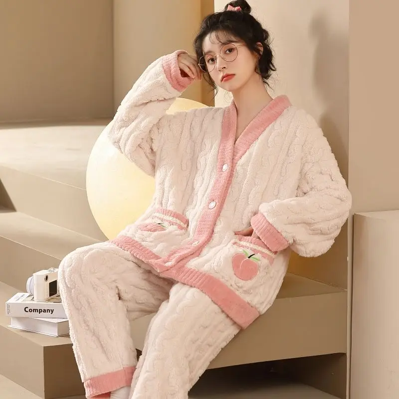 

Peach Print Sleepwear Women Pajamas Set Winter Fleece Velvet 2 Piece Pant Home Suit Sleep Fluffy Korean Piiama Warm Night Wear