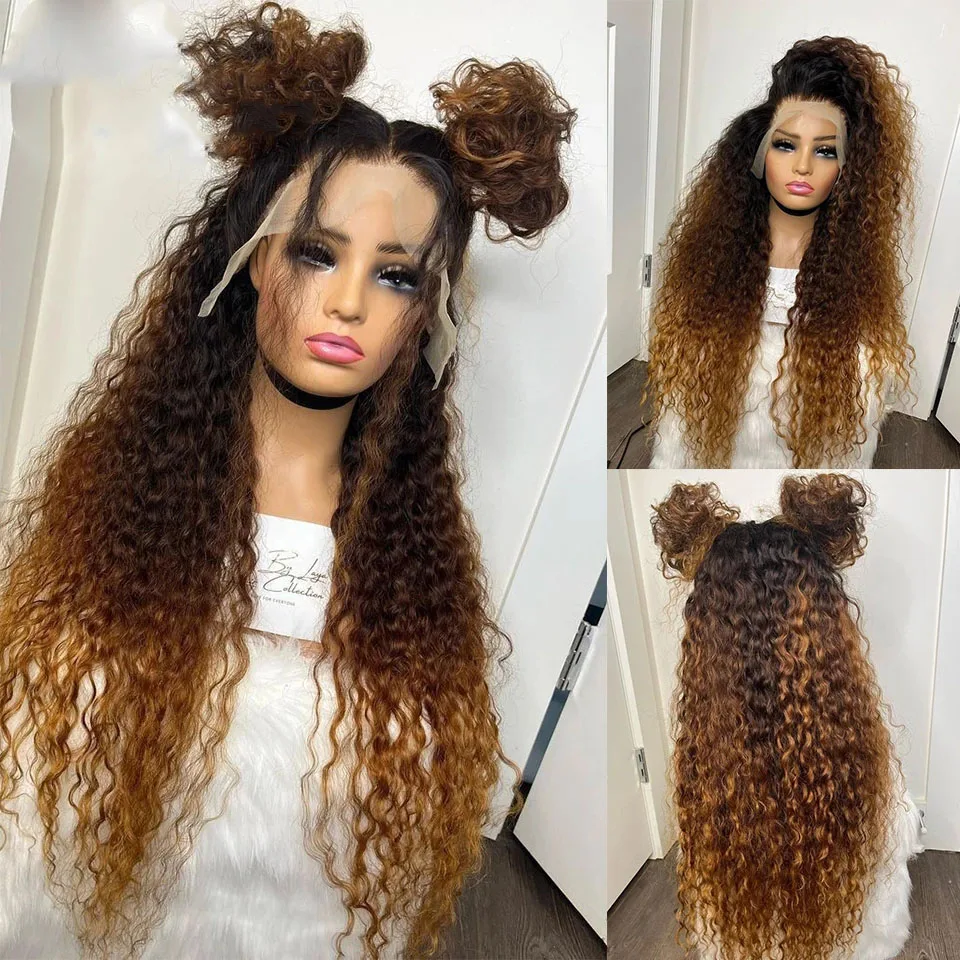 

Ombre Brown Blonde 100% Human Hair 13x4 Water Wave Lace Frontal Wigs For Women Deep Curly Front Wigs Pre-Plucked 180% Density