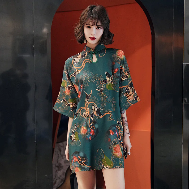 Vestido Cheongsam chino tradicional para mujer, estilo Harajuku, Retro, Harajuku, Vintage, carpas, Grulla, fiesta, Qipao