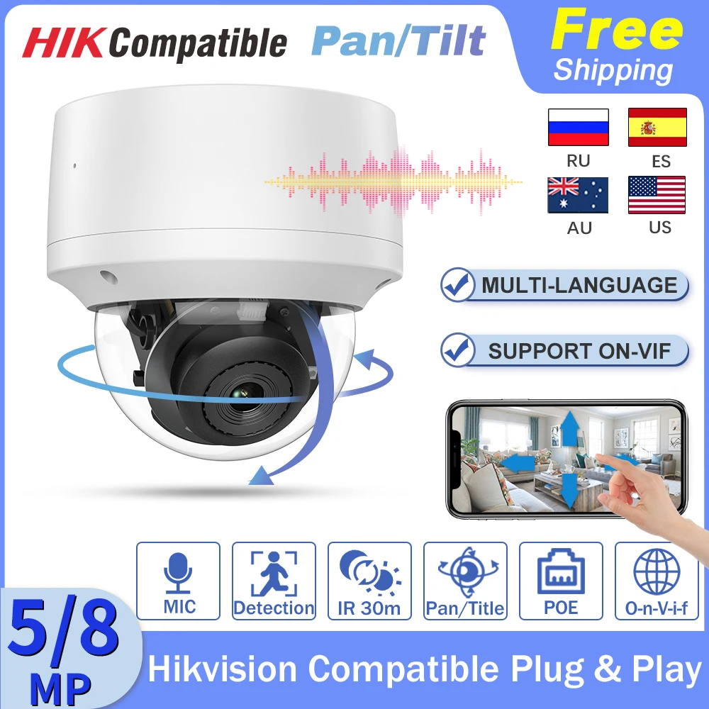 

Hikvision Compatible IP Camera PT 8MP 4K PoE 2K Mini Dome Pan/Tilt Built-in Mic Night Vision IR30m Alarm Detection PlugPlay IP66