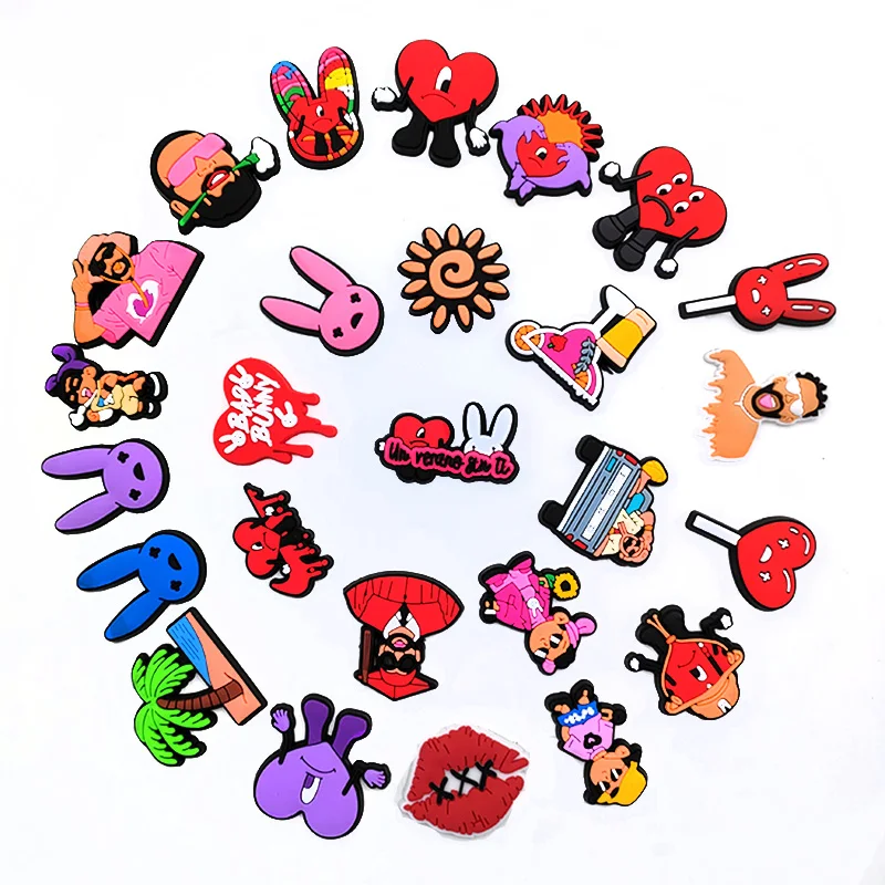 5-48PCS/Set New Arrival Bad Bunny Croc Charms PVC Shoe Decorations Clogs Sandals Wristband Accessories Jibz Holiday Party Gifts