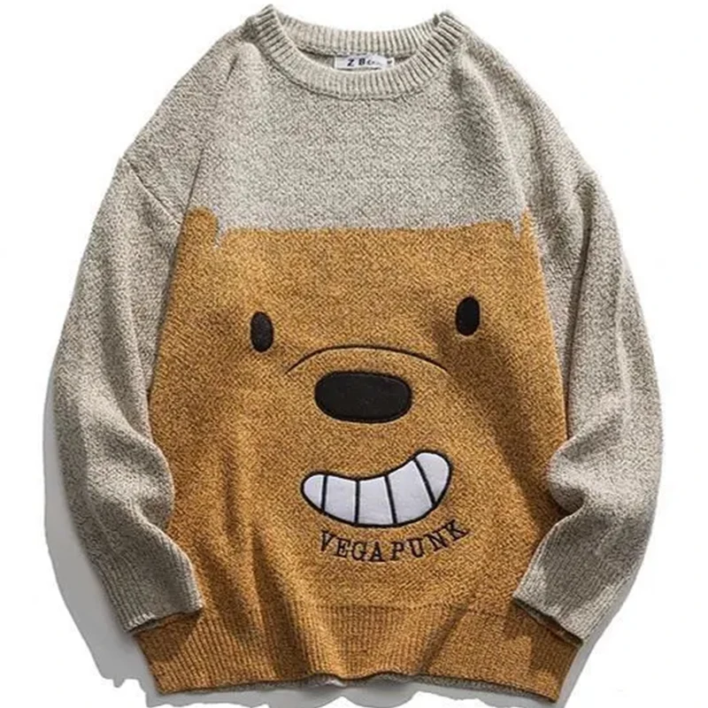 

Hip Hop Vintage Anime Japanese Sweater 2022 Autumn New Fashion Streetwear Knitted Pullovers Loose Casual Round Neck Bear Sweater