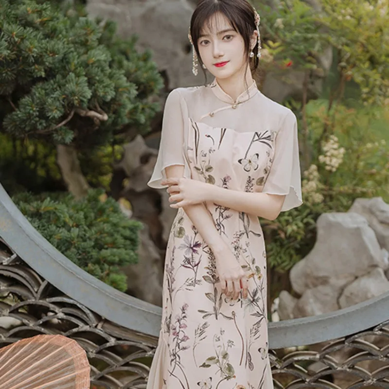 

Chinese Dress Cheongsam 2023 Retro Modified Short-sleeved Printed High-end Elegant Temperament Slimming Qipao Chi-pao