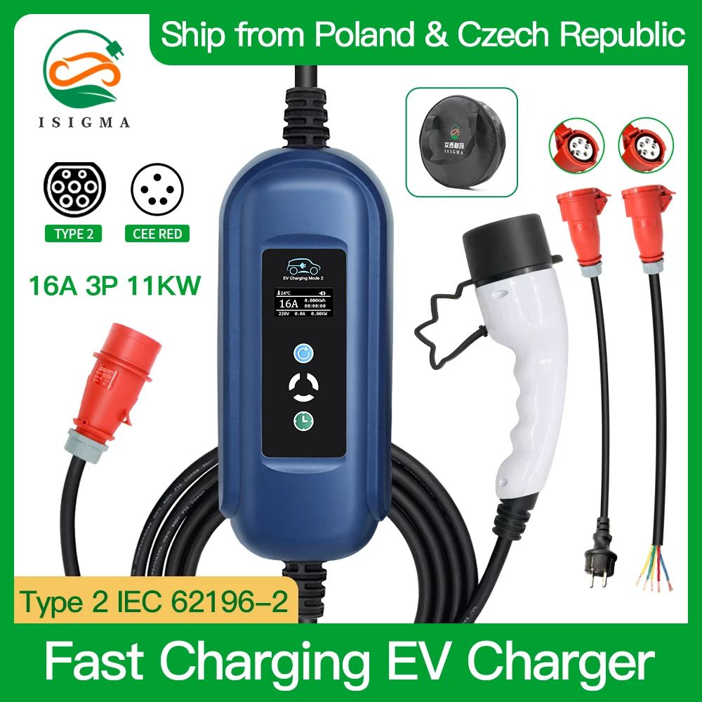 11kw Ev Charger Type2 3 Phase 16A IEC 62196 CEE Red Plug Portable Electric Vehicle Fast Charging EVSE Tesla Vehicles Three Phase