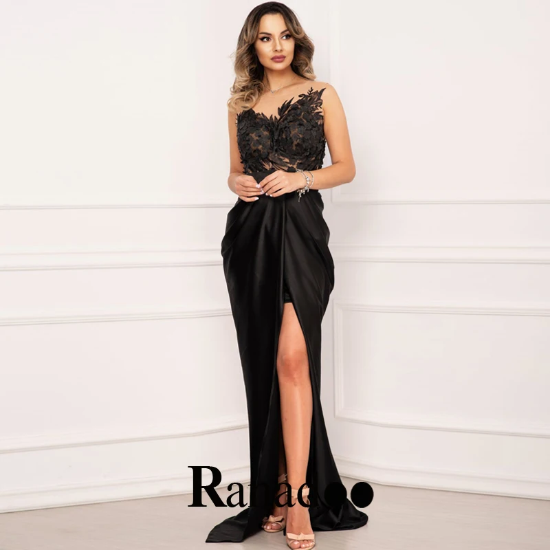 

Black Appliques Stain Prom Evening Dresses O Neck A Line Sleeveless Slit Illusion Elegant Court Train Vestidos Robes De Soirée