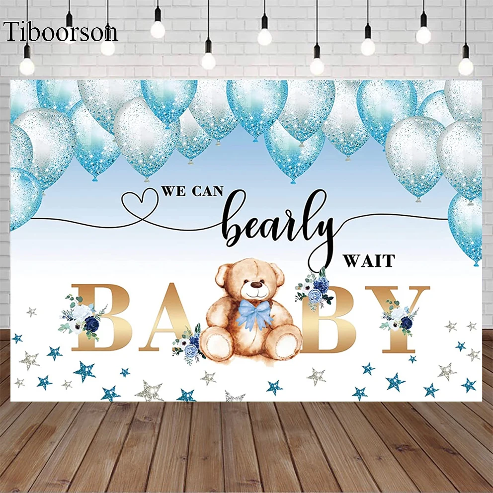

Bear Baby Shower Backdrop Girl Boy We Can Bearly Wait Watercolor Blue Balloons Lovely Photography Background Photo Booth Props