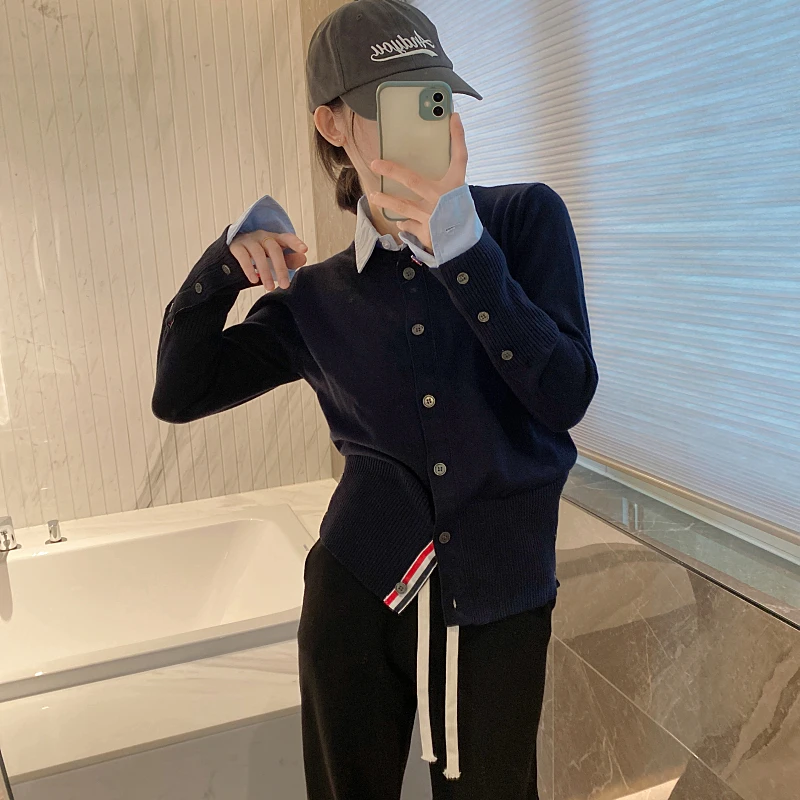 

TB Fake Two Wool Long Sleeve Knitted Cardigan Women's Thom Design Sense Slim Fit Skinny Shirt Collar Sweater Coat Trend