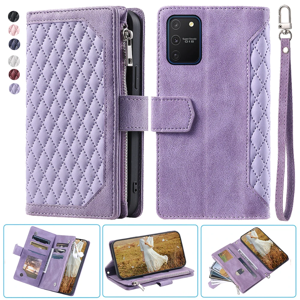 

For Samsung S10 Lite Fashion Small Fragrance Zipper Wallet Leather Case Flip Cover Multi Card Slots Cover Folio with Wrist Strap