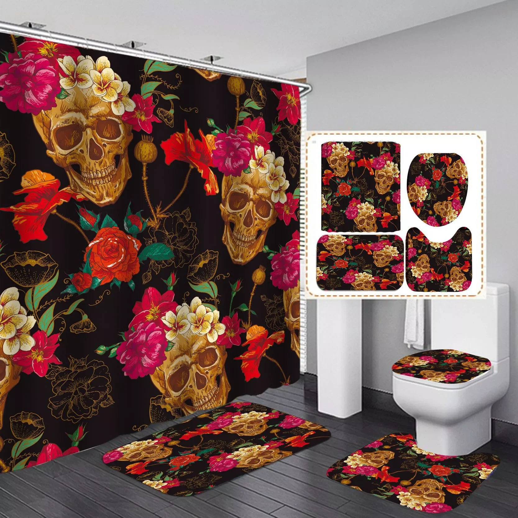 

Rose Flower Skull 3D Digital Polyester Printed Shower Curtain Four-piece Set To Picture Customized Waterproof Shower Curtain