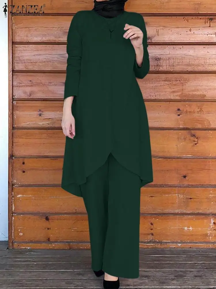 

Muslim Women Tracksuits Fashion Irregular Chic Blouse Wide Leg Pant Sets ZANZEA Dubai Turkey Abaya Eid Kaftan Islamic Clothing