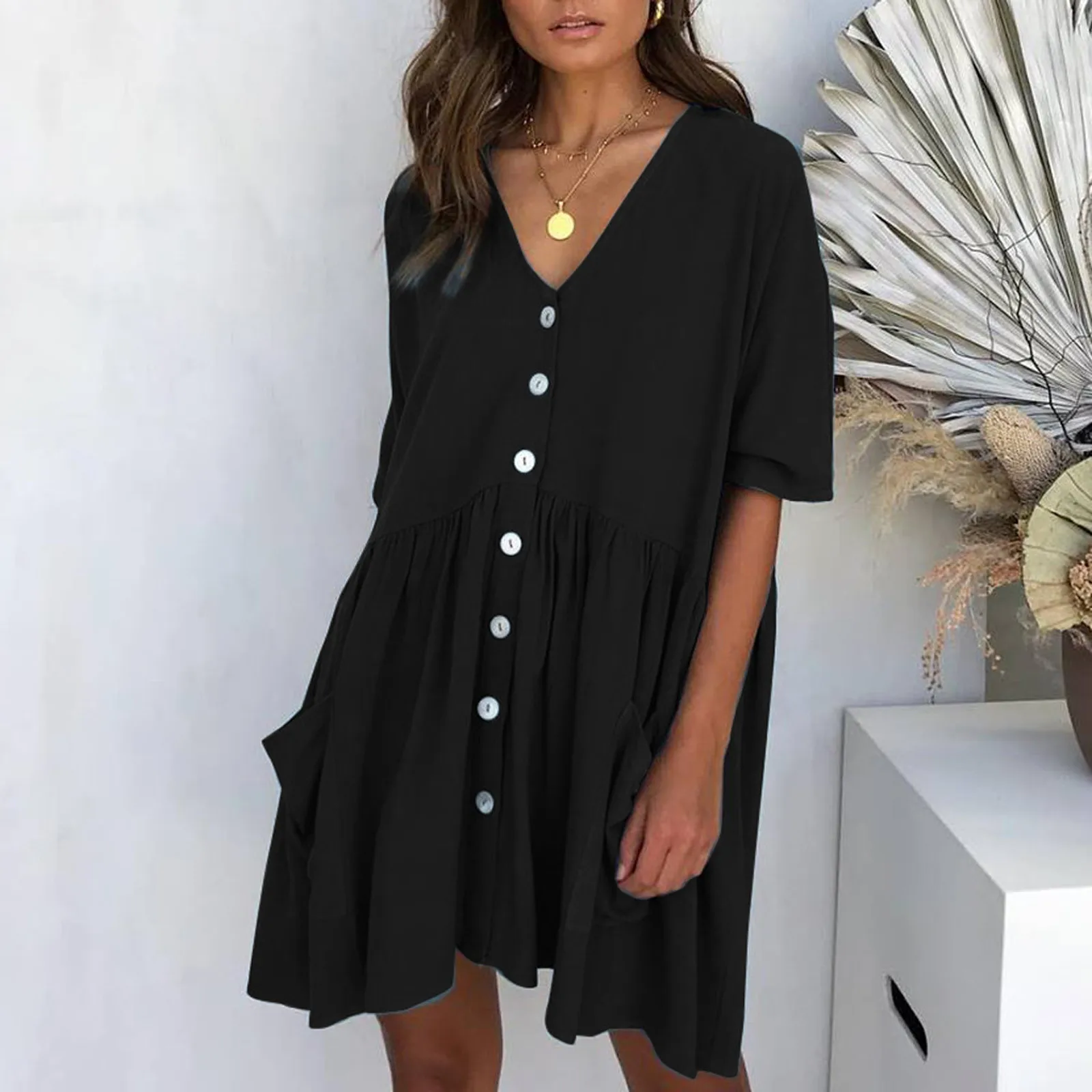 

Fashion Button Short Solid Short Pocket Casual Dress V-Neck Women's Sleeve Women's Dress Casual Summer