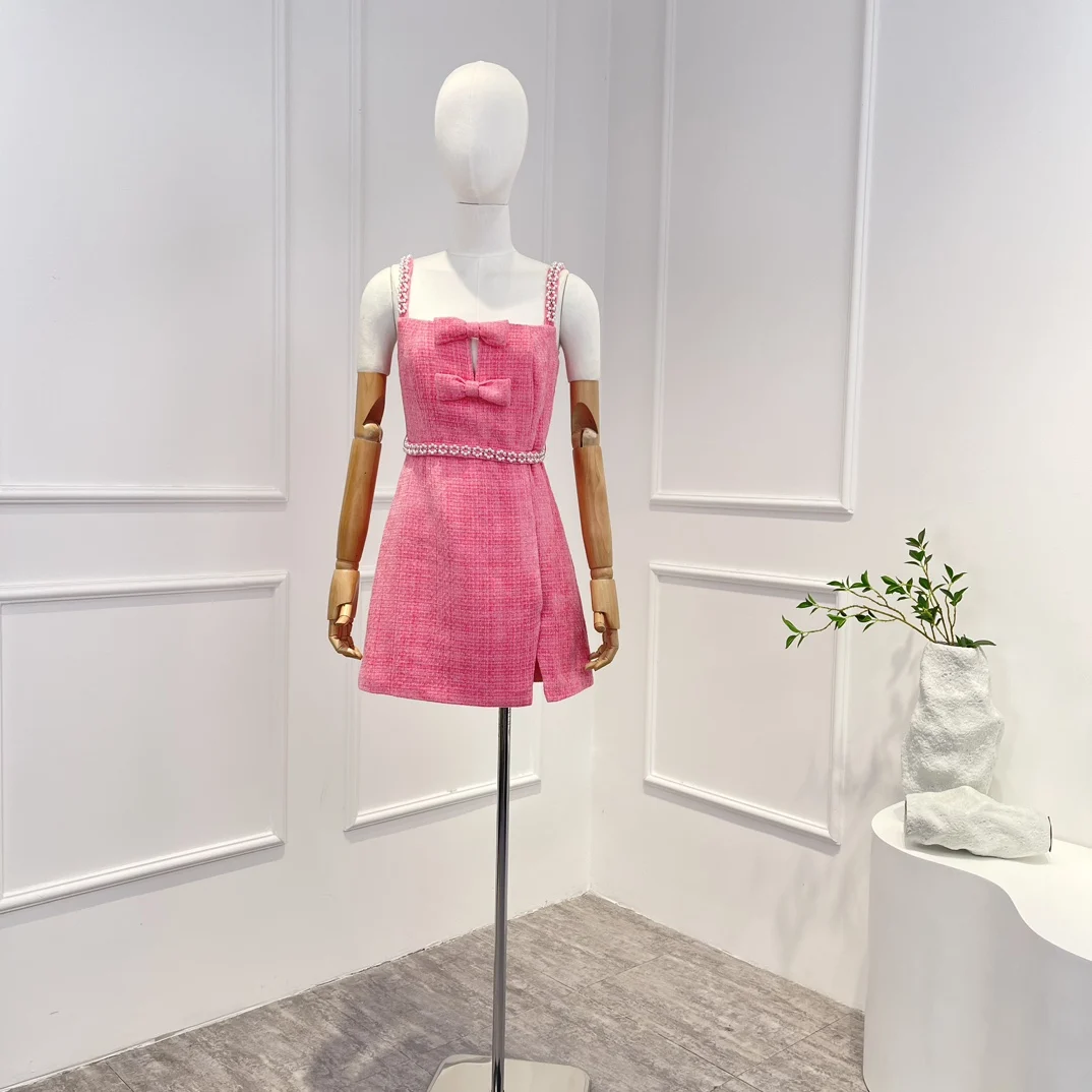 New Women High Quality Pink Bouclé Square Neckline Bow-topped Split Hem Pearl Trim Sleeveless Elegant Mini Dress 2023 Summer