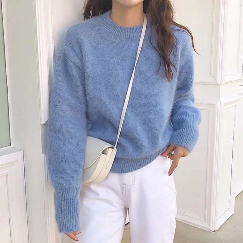

Korean Autumn Solid Mohair Basic Fashion Sweater OL Long Sleeve Sweet Long Sleeve Sueter Mujer Knit Pullovers basic top