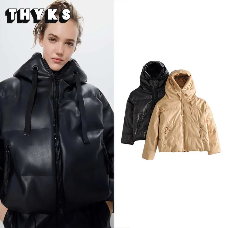 Faux Leather Padded Jackets Women's Za Hooded Coats PU Warm Winter Jacket Zipper Fashion Outwear Vintage Oversized Parkas Tops