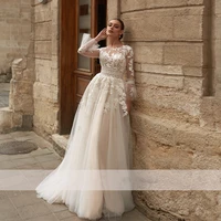 bohemian sheer neckline long sleeves wedding dress lace appliques button backwedding gowns vestido de novia custom made