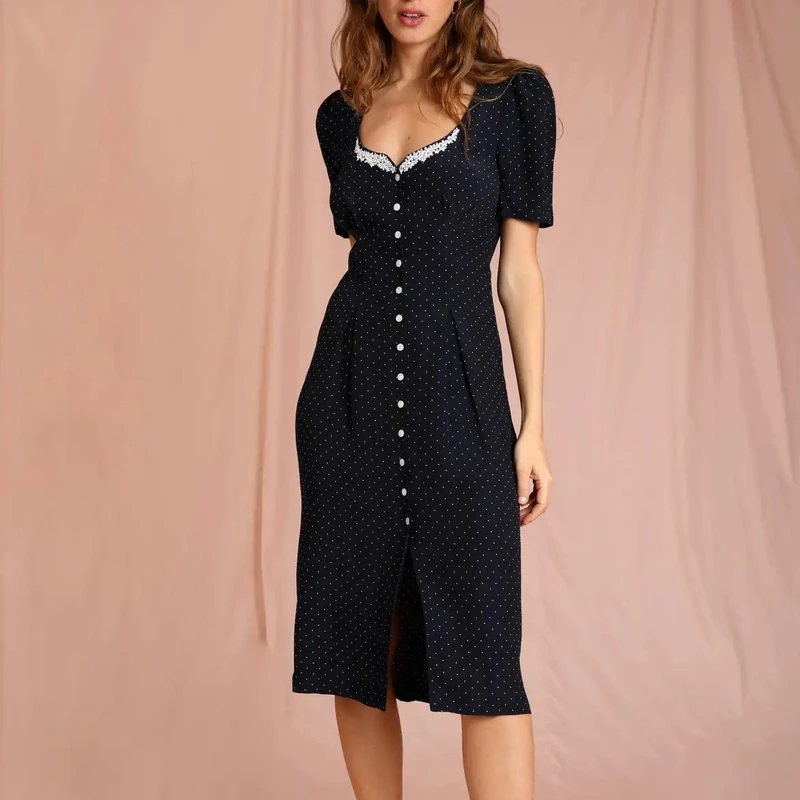 

Polka Dot Print Embroidery Waist Slim Short-sleeved Midi Dress Women's Temperament Commuter Single-breasted Sexy Dress