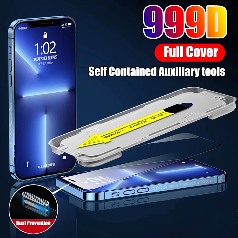 

New Luxury Fast Install Tempered Glass for iPhone 13 11 14 Pro Max 12 Mini 13 Pro X XR XS MAX Auxiliary Tools Screen Protectors