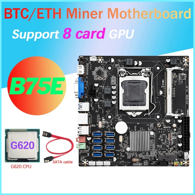 

Материнская плата B75E для майнинга, 8 карт, ЦП G620 и SATA, чип B75, LGA1155, DDR3, ОЗУ MSATA, ETH, порты Sup для майнинга, 8 портов USB 3,0