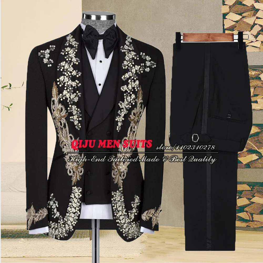 

Деловой мужской свадебный костюм, облегающий блейзер с золотой аппликацией и бисером, жилет и брюки, мужской деловой смокинг для выпускного вечера, 3 предмета