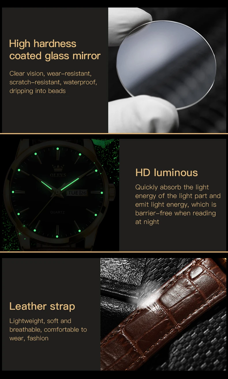 OLEVS 6898 Couple Wristwatch Quartz Waterproof Luminous Casual Watch With Calendar Leather Clock Valentine's Romantic Gifts Set