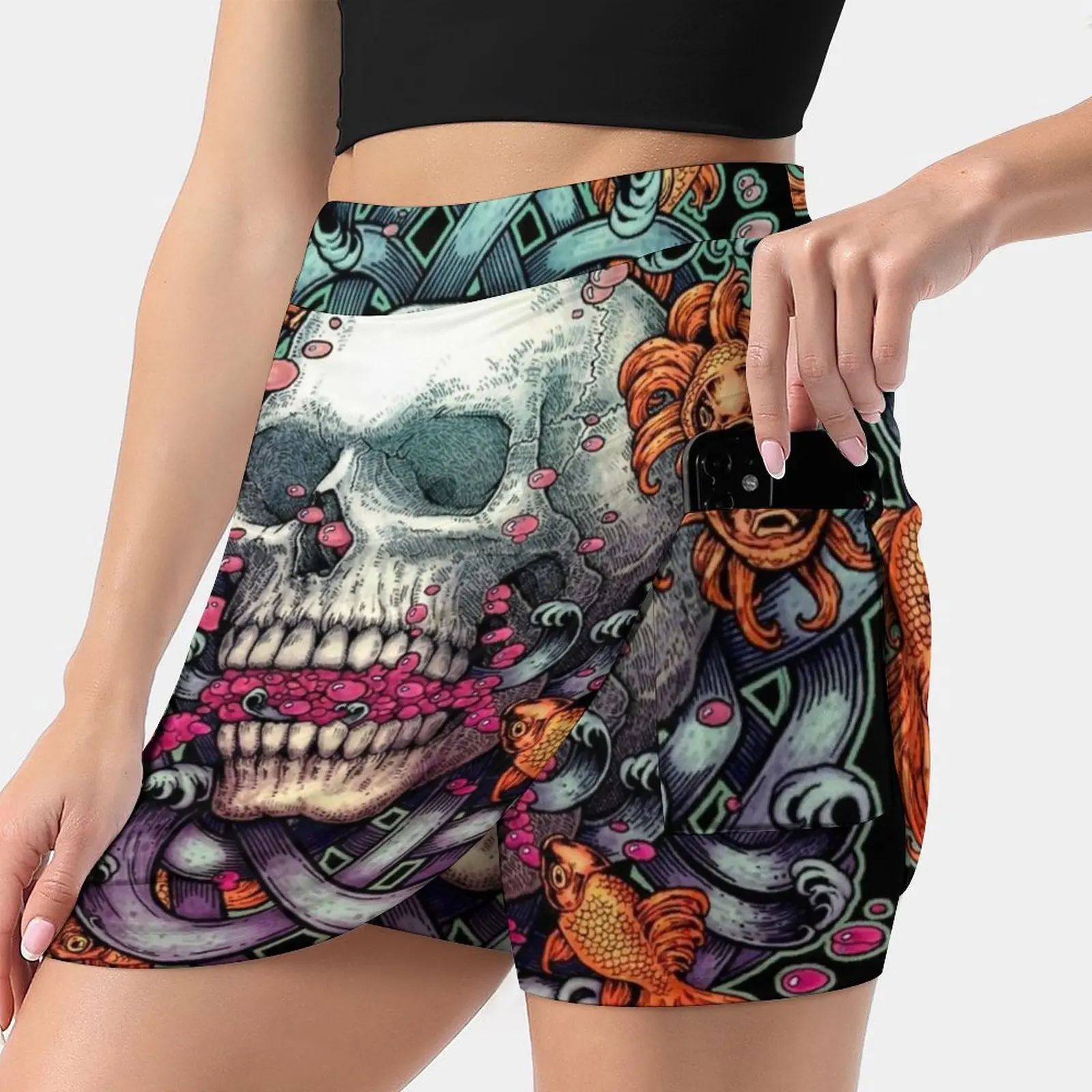 Юбка женская короткая с принтом в виде черепа и рыбок