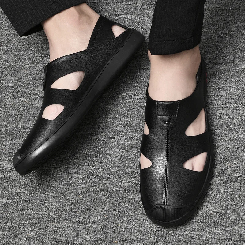 Мужские сандалии из натуральной кожи коричневые Роскошные деловые туфли для