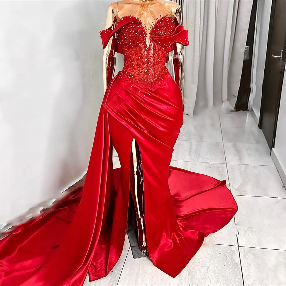 

Luxury Red Prom Dresses Beading High Split Off Shoulder Mermaid Women Long Evening Gowns Sequin Pleated Overlay Custom Made