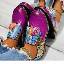 Sepatu Musim Semi Warna Campuran 2021 Sepatu Datar Wanita Cetak Antik Ujung Bulat Rumbai Berenda Sepatu Wanita Mode Retro