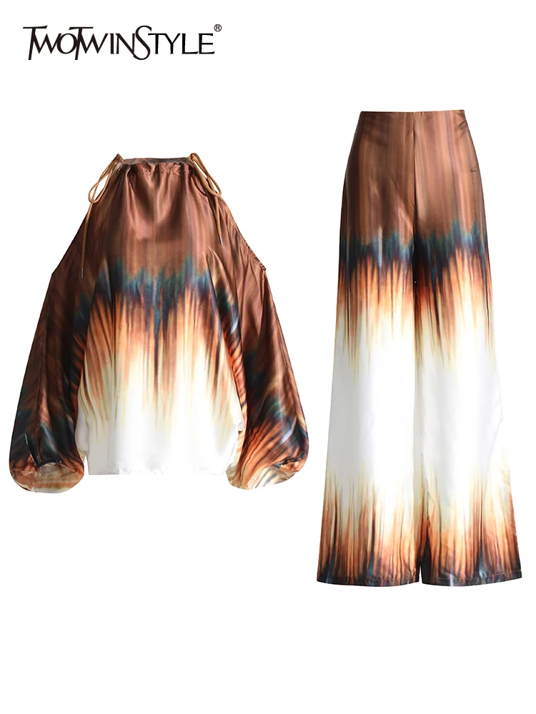 

TWOTWINSTYLE Hit Color Two Piece Sets For Women Slash Neck Long Sleeve Tops High Waist Wide Leg Pants Loose Sett Female Fashion