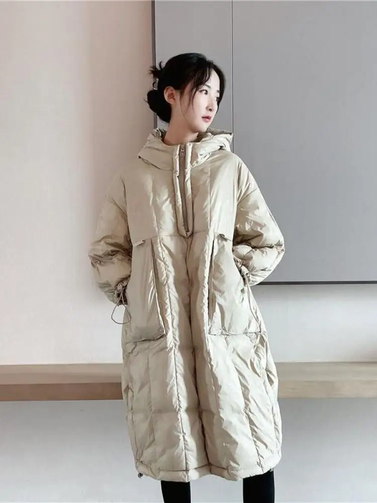 Winter Hooded Long Down Jacket Women Loose White Duck Down Coats  Autumn Outerwear Casual Long Clothes Female