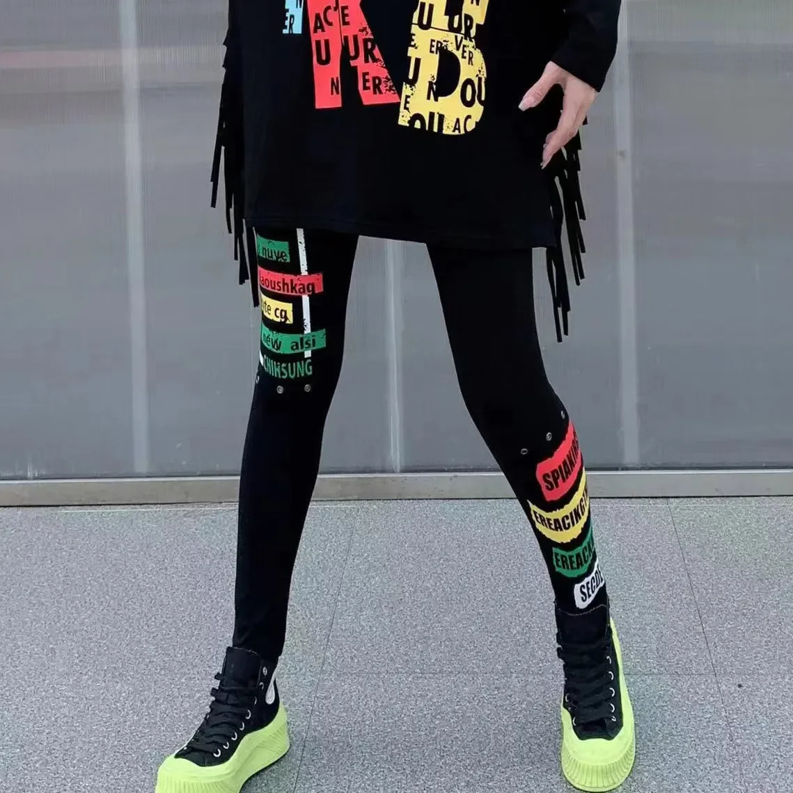 

220861 Outerwear Leggings Women's Autumn New Personality Printing High Waist Elastic Thin All-match Pencil Pants Women