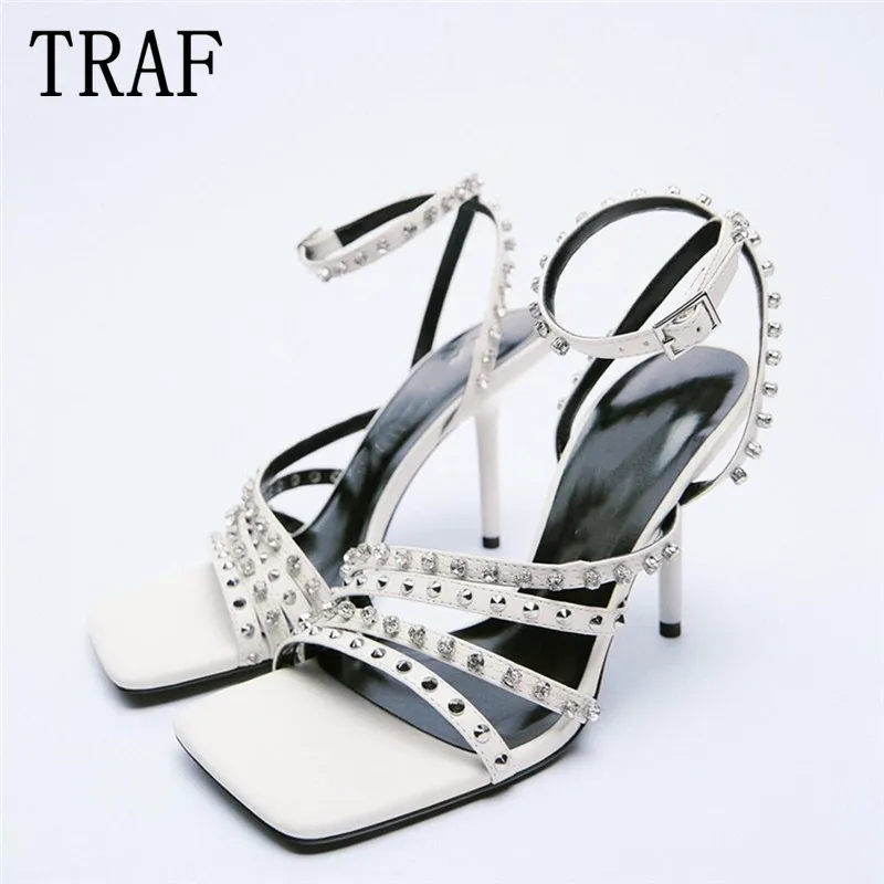 TRAF 2021 Studded White Heels Sandals Women Rhinestone High Heel Shoes Woman Buckled Ankle Strap Squared Toe Sexy Pumps