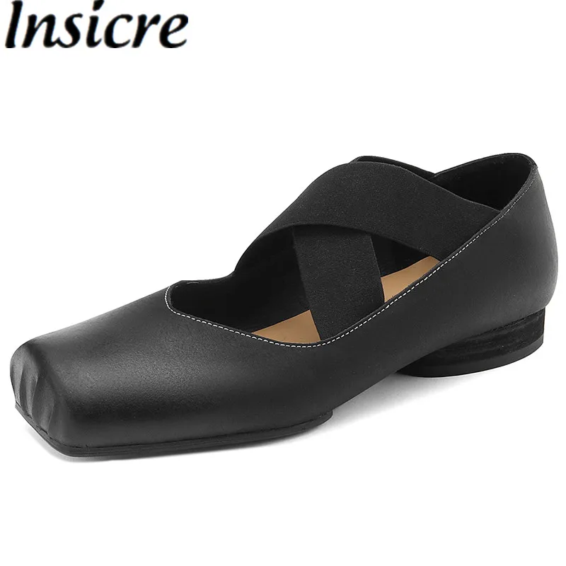Insicre Cow Leather Elastic Band Low Heels 2022 Fashion Autumn Women Pumps Square Toe Top Quality Size 42 Hand Rubbing