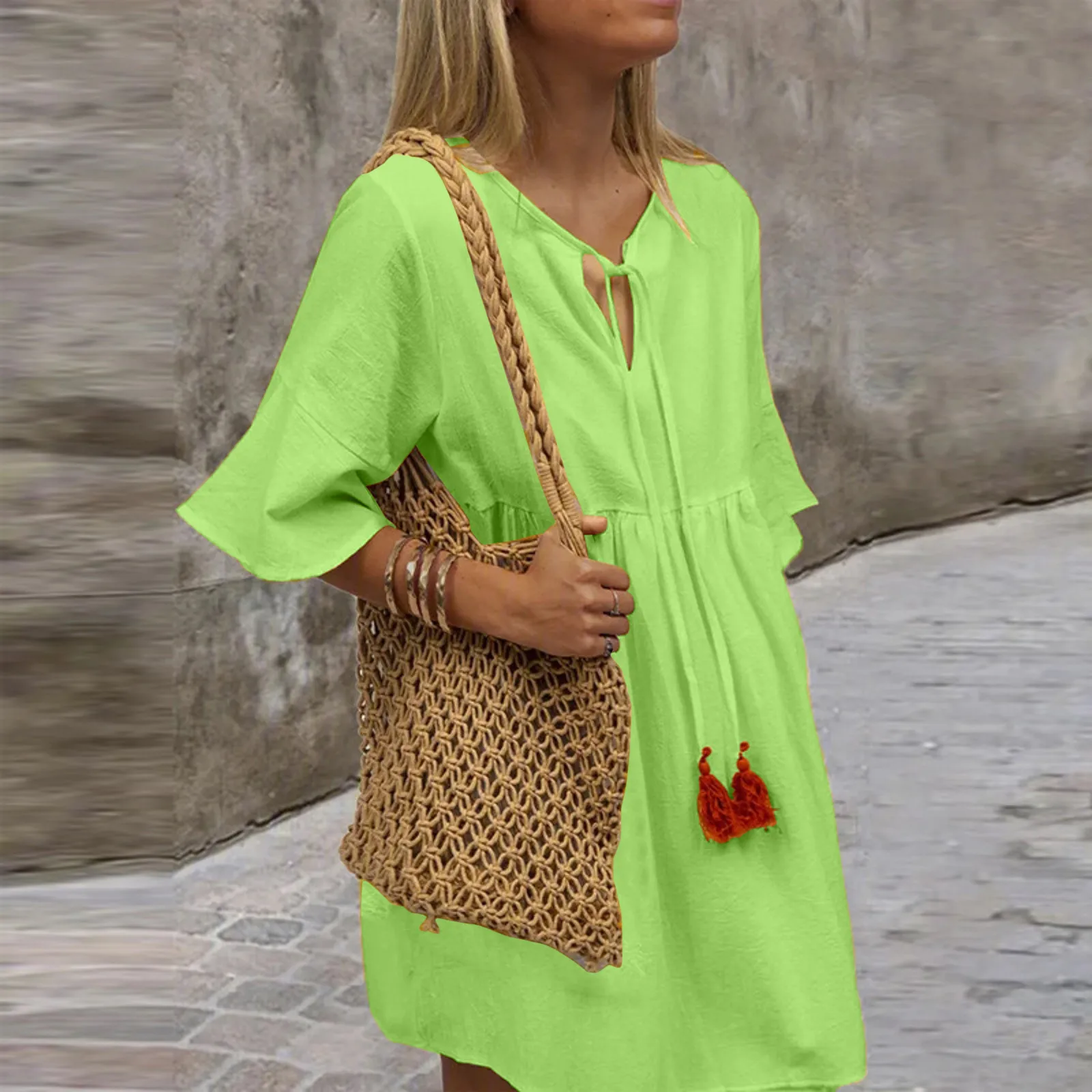 

Women's Linen Tunic Dresses V Neck Baggy Midi Dress Hi Low Tops