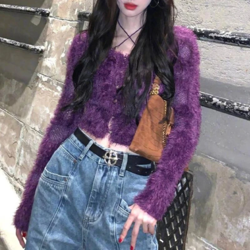 

Purple Knit Woman Korean Style Cropped Tops Fluffy Gyaru Cardigan Autumn Winter Y2k Streetwear Furry Knitwears Fashion Outfits